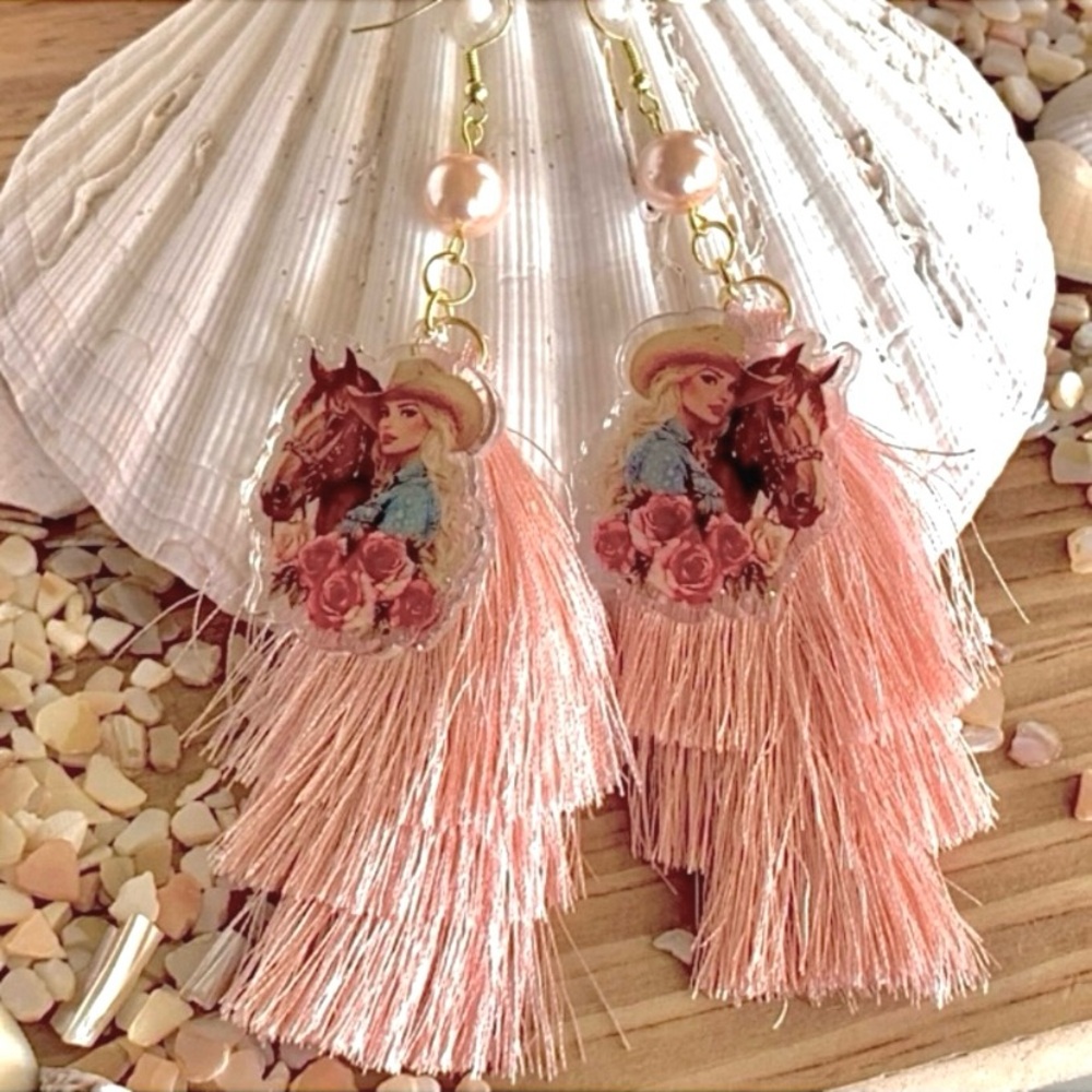 Country Girl Pink Tassel Earrings - Picture 2 of 4